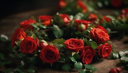 Fresh bouquet of multi colored flowers on rustic wooden table generated by artificial intelligenceの素材