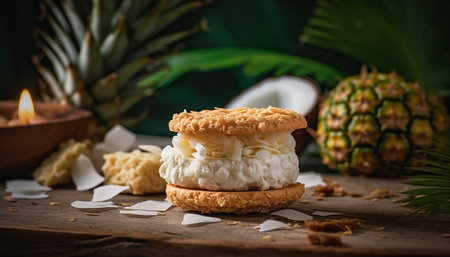 Fresh pineapple slice on rustic wooden plate, a tropical indulgence generated by artificial intelligenceの素材