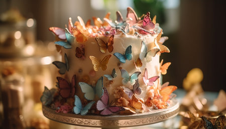 Gourmet dessert table with baked chocolate candy and elegant icing generated by artificial intelligenceの素材