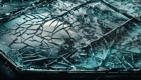 Broken window reflects winter dark, snowy misfortune on transportation generated by artificial intelligenceの素材