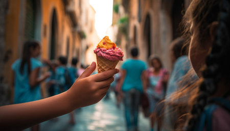 Group of people enjoying ice cream cones in nature during summer generated by artificial intelligenceの素材