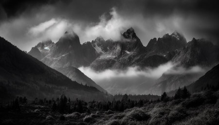 Majestic mountain range, panoramic landscape, tranquil meadow, dramatic sky generated by artificial intelligenceの素材