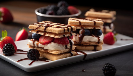 Homemade waffle stack with fresh berries and chocolate sauce indulgence generated by artificial intelligenceの素材