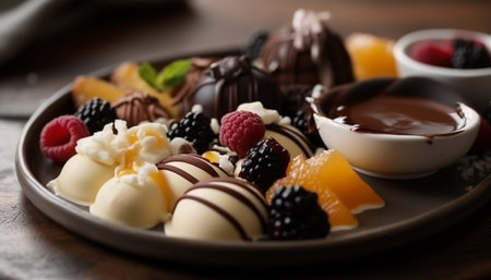 Organic French food tray with rustic homemade cheesecake and mousse generated by artificial intelligenceの素材