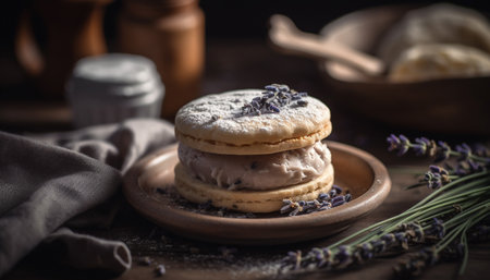 A rustic still life of homemade oatmeal shortbread and blueberry biscuit generated by artificial intelligenceの素材