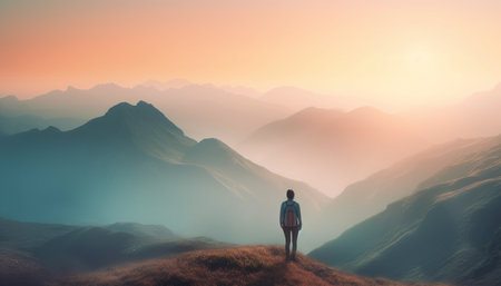 Silhouette of one person standing on mountain peak at sunrise generated by artificial intelligenceの素材