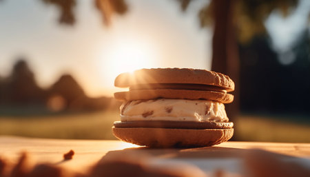 Sun kissed macaroons on rustic wood plate, a sweet indulgence generated by artificial intelligenceの素材