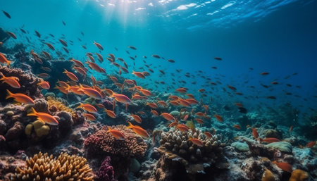 Vibrant underwater seascape showcases school of multi colored fish in motion generated by artificial intelligenceの素材
