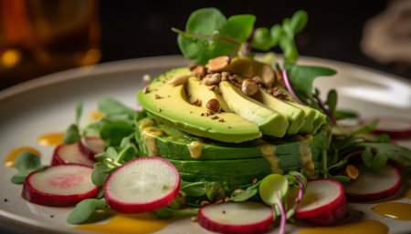 Fresh gourmet salad with organic vegetables, avocado, and tomato slice generated by artificial intelligenceの素材