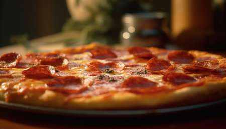 Freshly baked pizza with mozzarella, tomato sauce, and margarita toppings generated by artificial intelligenceの素材