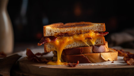 Grilled gourmet sandwich with melting cheddar on toasted bread plate generated by artificial intelligenceの素材