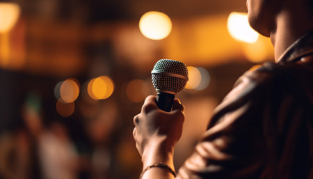 Young adult musician holding guitar performs on stage at nightclub generated by artificial intelligenceの素材