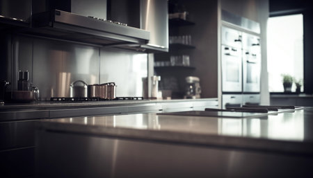 Modern stainless steel kitchen appliances in a luxury apartment interior generated by artificial intelligenceの素材