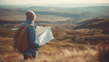Young adult backpacker enjoys winter vacation exploring mountain peak scenery generated by artificial intelligenceの素材