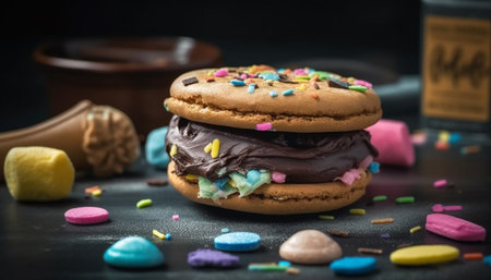 Indulgent homemade chocolate chip cookie stack on rustic wooden table generated by artificial intelligenceの素材