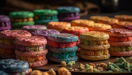 Colorful homemade macaroon stack, a sweet indulgence for dessert lovers generated by artificial intelligenceの素材