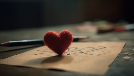 Love heart symbol on rustic wood table, a romantic decoration generated by artificial intelligenceの素材