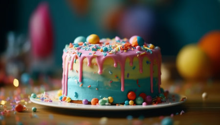 Indulgent birthday cake with bright colors, homemade icing, and candles generated by artificial intelligenceの素材
