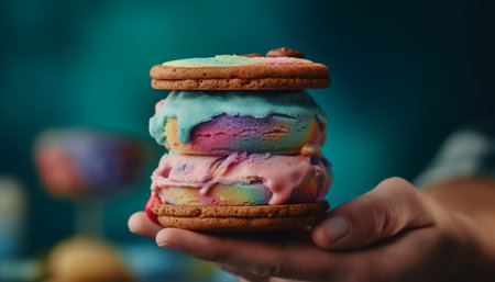 Hand holding a pink macaroon with chocolate icing and strawberry generated by artificial intelligenceの素材