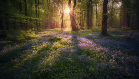 Tranquil blue forest, vibrant sunrise, mysterious autumn meadow, wildflower growth generated by artificial intelligenceの素材