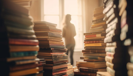 A group of people studying in a library with textbooks generated by artificial intelligenceの素材