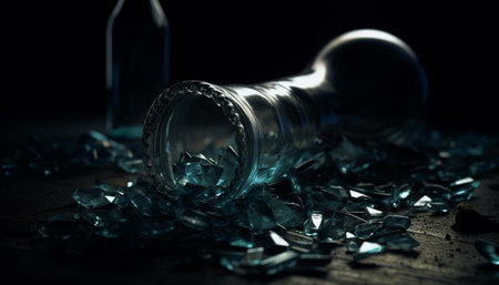 Transparent crystal bottle with blue alcohol, wet from broken drop generated by artificial intelligenceの素材