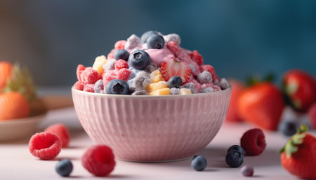 Healthy homemade berry salad with yogurt, granola, and fresh fruit generated by artificial intelligenceの素材