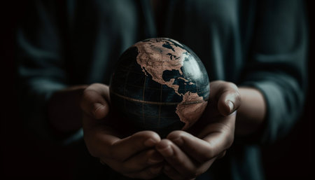 Global businessman holding desktop globe symbolizes environmental conservation success generated by artificial intelligenceの素材