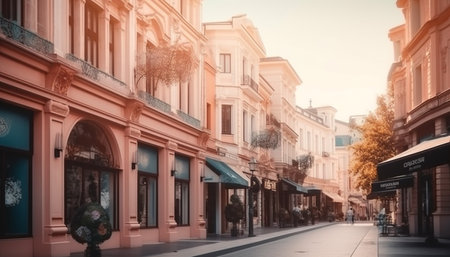 Summer sunset illuminates famous Italian store in modern cityscape generated by artificial intelligenceの素材