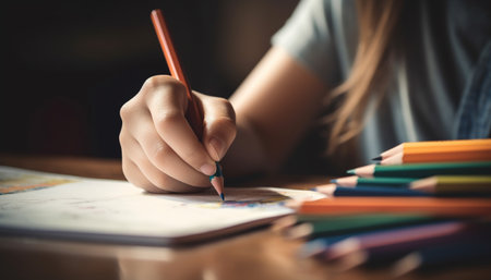 Child creativity blooms indoors at table with pencil and education generated by artificial intelligenceの素材