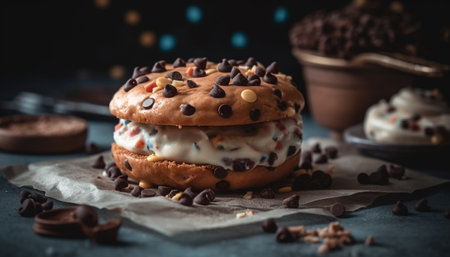 Homemade chocolate chip cookie with icing on rustic wood plate generated by artificial intelligenceの素材