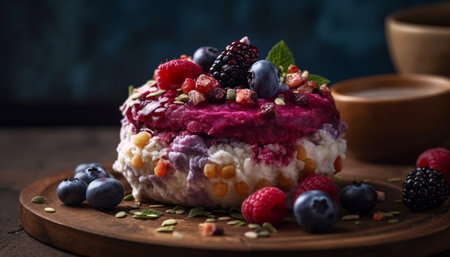 Organic berry cheesecake, a sweet indulgence on a rustic table generated by artificial intelligenceの素材