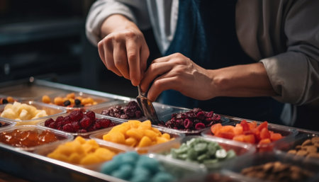 One person preparing healthy gourmet meal with fresh fruit variation generated by artificial intelligenceの素材