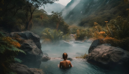 One person hiking in tropical rainforest, enjoying solitude and freshness generated by artificial intelligenceの素材