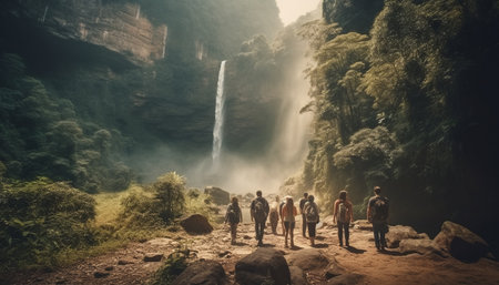 Men hiking mountain peak, standing on cliff, enjoying majestic sunset generated by artificial intelligenceの素材