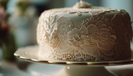 A decadent wedding cake with ornate flower design and chocolate indulgence generated by artificial intelligenceの素材