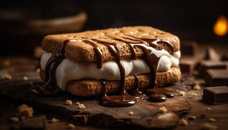 Indulgent dark chocolate brownie slice with melting marshmallow and fudge generated by artificial intelligenceの素材