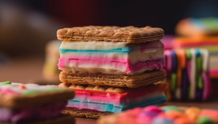 Colorful homemade gourmet snack stack with baked sweet treats generated by artificial intelligenceの素材