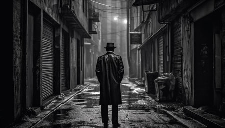 Dark elegance A spooky businessman walking in old fashioned city life generated by artificial intelligenceの素材
