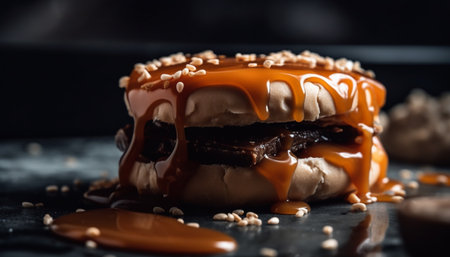 Grilled cookie stack with caramel icing, selective focus on foreground generated by artificial intelligenceの素材