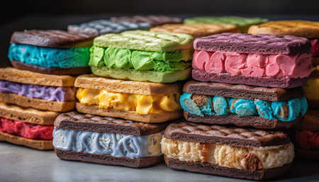 Stack of colorful macaroons on rustic wood table with decoration generated by artificial intelligenceの素材