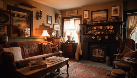 Cozy rustic home interior showcases modern elegance and comfortable design generated by artificial intelligenceの素材