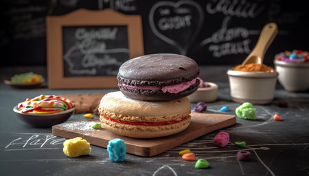 Indulgent French macaroon stack on rustic wood table, colorful arrangement generated by artificial intelligenceの素材