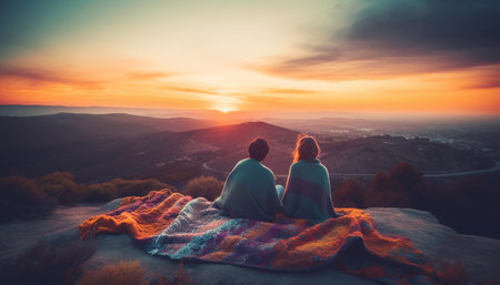 Two young adults embrace on mountain peak, enjoying sunset adventure generated by artificial intelligenceの素材