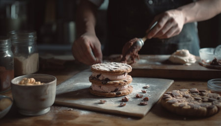 Homemade gingerbread cookies baked in a rustic domestic kitchen generated by artificial intelligenceの素材