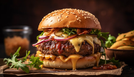 Grilled cheeseburger on rustic bun with fresh tomato and onion generated by artificial intelligenceの素材