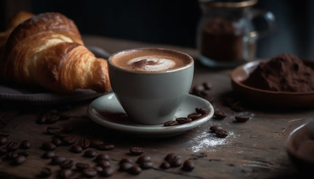 A rustic coffee shop still life with croissant and latte generated by artificial intelligenceの素材