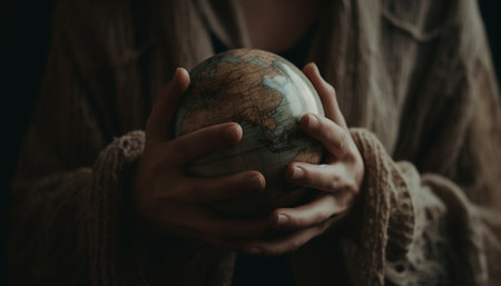 One young adult woman holding a globe, smiling indoors generated by artificial intelligenceの素材