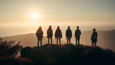 Group of people standing on mountain peak, enjoying nature beauty generated by artificial intelligenceの素材
