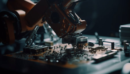 Close up of semiconductor industry complex computer chip manufacturing equipment generated by artificial intelligenceの素材